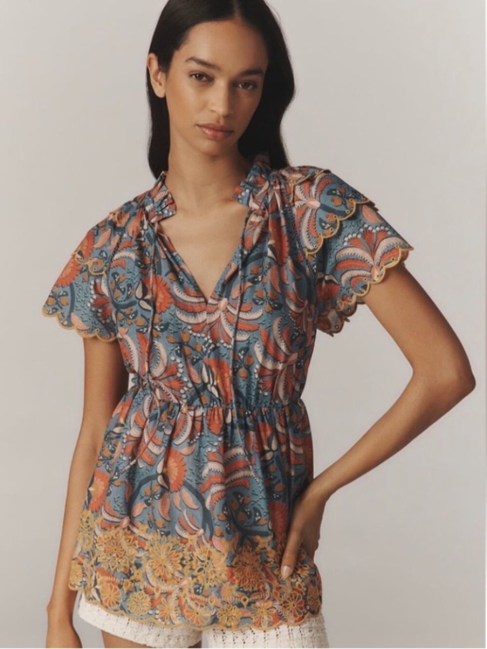 NWT Farm Rio By Anthropologie Richelieu Floral Ruffle Blouse.  Size XS